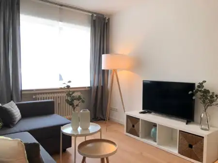 Ein modernes Wohnzimmer mit einem grauen Sofa, einem Fernseher auf einem weißen Regal, einer Stehlampe und Pflanzen.